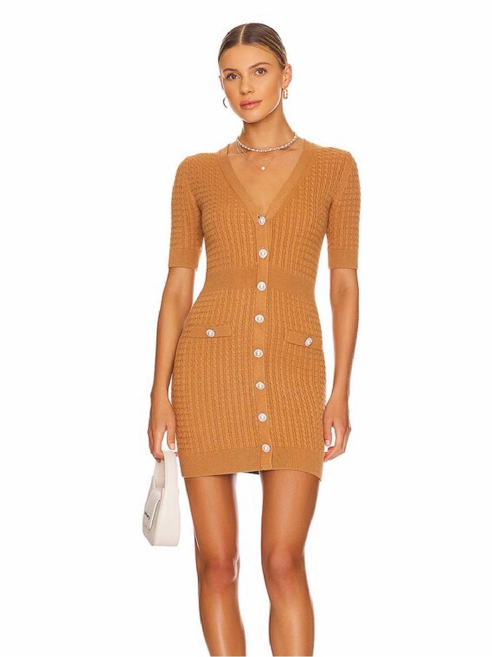 Lovers + Friends Bella Cable Knit Bodycon Mini Dress Camel Tan